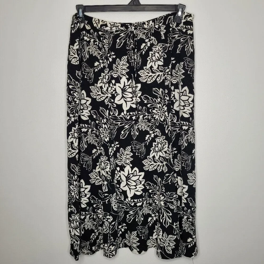 Notations black off white tropical floral pull on midi maxi skirt size 1x
